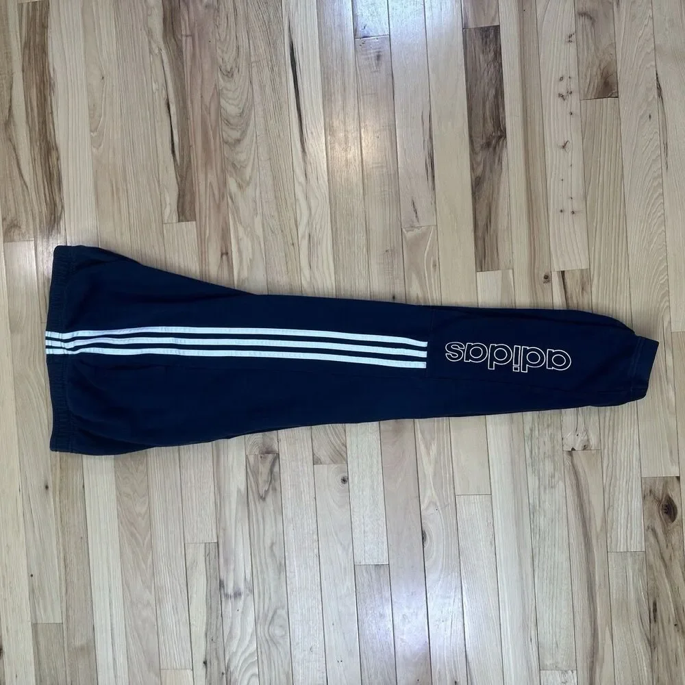 Adidas Mens Pants Joggers Medium Blue White Sweats Spell Out Cuffed 3 Stripe Gym
